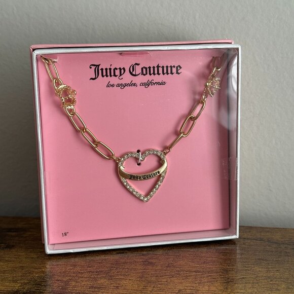 New Juicy Couture Gold Color Necklace Heart Crown Bedazzled Gems Chain Link - Picture 1 of 3